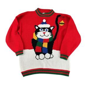 Vintage 90s Ugly Red Christmas Sweater Cat Lover Knit Design Zone Large